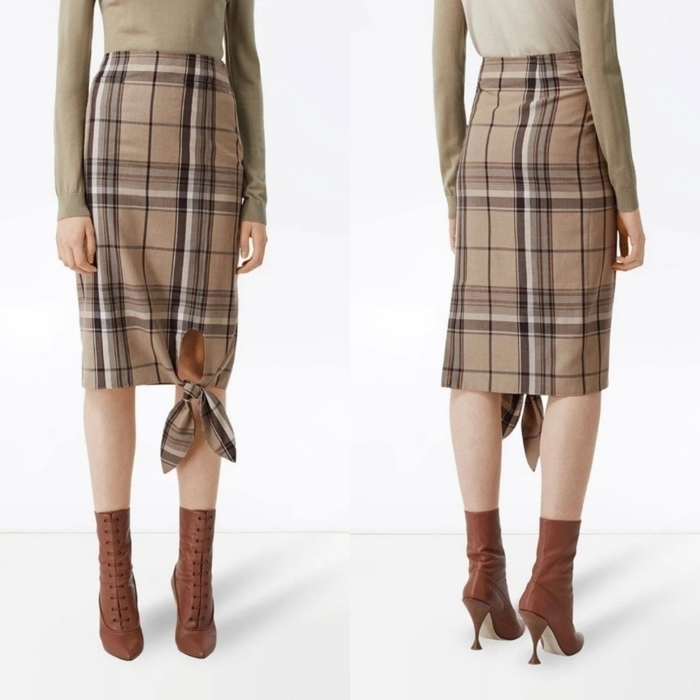 New Burberry Knot Detail Nova Check Driftwood Pattern Pencil Skirt NWT 0 US/2 UK